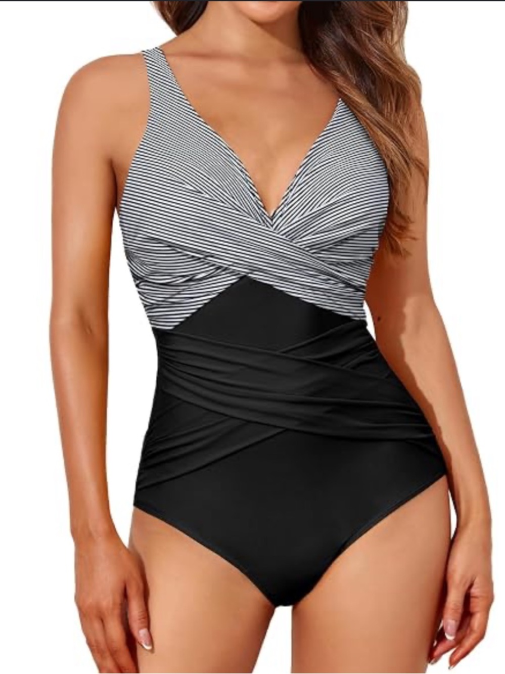 Smismivo Black & White Stripe 1 Piece Halter Swimsuit Ruched Tummy Control XXL